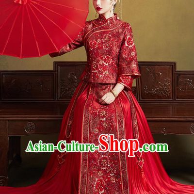 Chinese Traditional Wedding Embroidered Peony Red Blouse and Dress Xiu He Suit Bottom Drawer Ancient Bride Costumes for Women