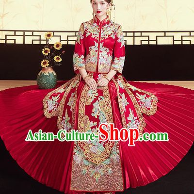 Chinese Traditional Ancient Bride Costumes Embroidered Drilling Flowers Xiu He Suit Wedding Blouse and Dress Bottom Drawer for Women
