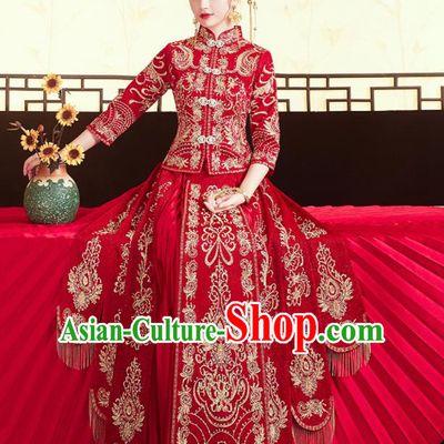 Chinese Traditional Ancient Bride Costumes Embroidered Drilling Xiu He Suit Wedding Blouse and Dress Bottom Drawer for Women