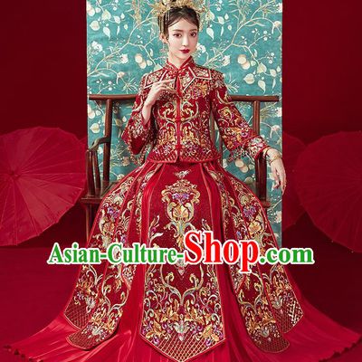 Chinese Traditional Ancient Bride Costumes Embroidered Drilling Wine Red Xiu He Suit Wedding Blouse and Dress Bottom Drawer for Women
