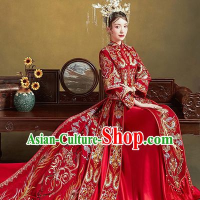 Chinese Traditional Ancient Bride Drilling Costumes Embroidered Phoenix Red Xiu He Suit Wedding Blouse and Dress Bottom Drawer for Women