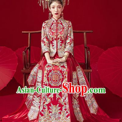 Chinese Traditional Ancient Bride Embroidered Drilling Costumes Red Xiu He Suit Wedding Blouse and Dress Bottom Drawer for Women