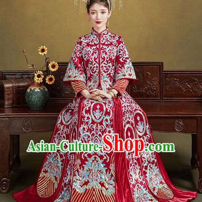 Chinese Traditional Ancient Bride Drilling Embroidered Costumes Red Xiu He Suit Wedding Blouse and Dress Bottom Drawer for Women