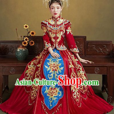 Chinese Traditional Ancient Bride Drilling Embroidered Peony Costumes Red Xiu He Suit Wedding Blouse and Dress Bottom Drawer for Women