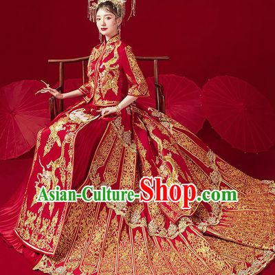 Chinese Traditional Ancient Bride Drilling Embroidered Dragon Costumes Red Xiu He Suit Wedding Blouse and Dress Bottom Drawer for Women