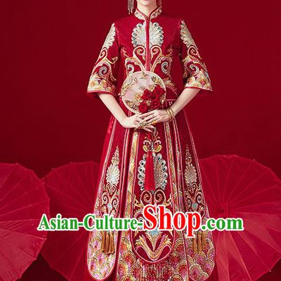 Chinese Traditional Ancient Bride Drilling Peacock Embroidered Costumes Red Xiu He Suit Wedding Blouse and Dress Bottom Drawer for Women