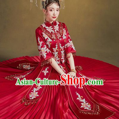 Chinese Ancient Bride Embroidered Drilling Peony Costumes Red Xiu He Suit Wedding Blouse and Dress Traditional Bottom Drawer for Women