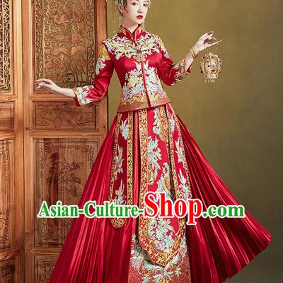 Chinese Ancient Bride Embroidered Drilling Flowers Costumes Red Xiu He Suit Wedding Blouse and Dress Traditional Bottom Drawer for Women