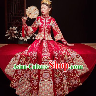 Chinese Ancient Bride Embroidered Costumes Drilling Red Xiu He Suit Wedding Blouse and Dress Traditional Bottom Drawer for Women