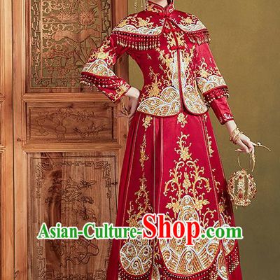 Chinese Ancient Bride Embroidered Costumes Drilling Waves Red Xiu He Suit Wedding Blouse and Dress Traditional Bottom Drawer for Women