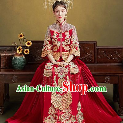 Chinese Ancient Bride Embroidered Costumes Diamante Red Xiu He Suit Wedding Blouse and Dress Traditional Bottom Drawer for Women