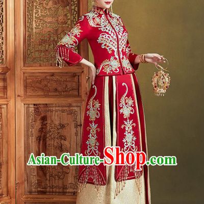 Chinese Ancient Bride Embroidered Costumes Diamante Peony Red Xiu He Suit Wedding Blouse and Dress Traditional Bottom Drawer for Women