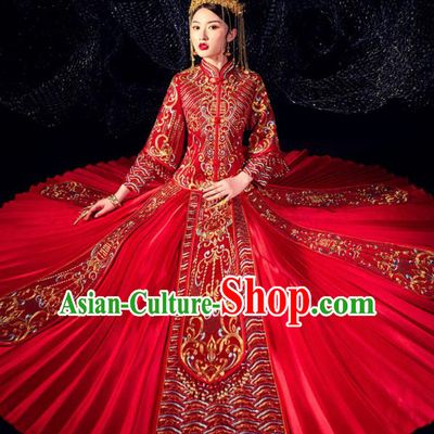 Chinese Ancient Bride Embroidered Beads Costumes Diamante Red Xiu He Suit Wedding Blouse and Dress Traditional Bottom Drawer for Women