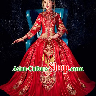 Chinese Ancient Bride Embroidered Lotus Costumes Diamante Red Xiu He Suit Wedding Blouse and Dress Traditional Bottom Drawer for Women