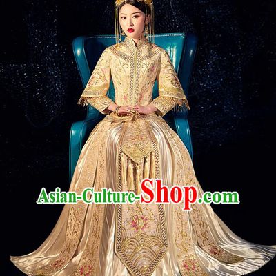Chinese Ancient Bride Embroidered Lotus Costumes Diamante Golden Xiu He Suit Wedding Blouse and Dress Traditional Bottom Drawer for Women