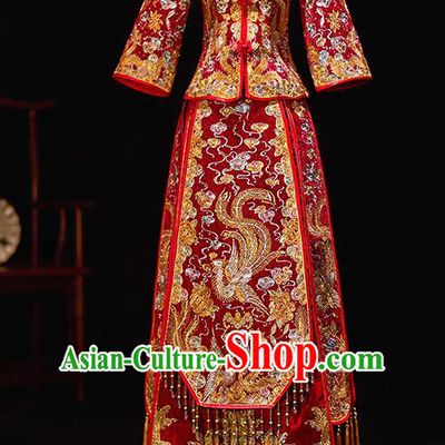 Chinese Ancient Bride Embroidered Phoenix Costumes Diamante Xiu He Suit Wedding Blouse and Dress Traditional Bottom Drawer for Women