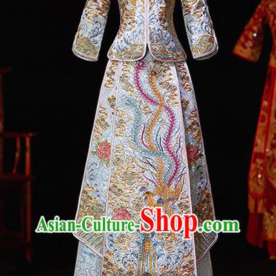 Chinese Ancient Bride Embroidered Blue Costumes Diamante Xiu He Suit Wedding Blouse and Dress Traditional Bottom Drawer for Women