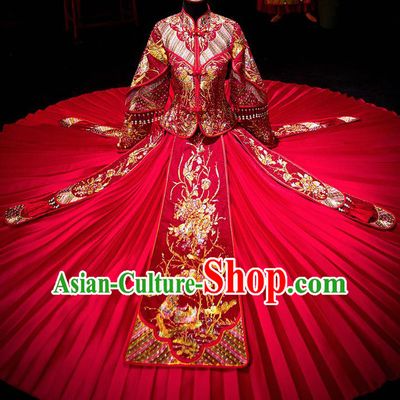 Chinese Ancient Bride Embroidered Costumes Diamante Peony Red Xiu He Suit Wedding Blouse and Dress Traditional Bottom Drawer for Women