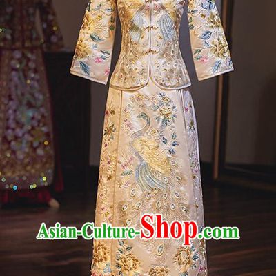 Chinese Ancient Bride Embroidered Peacock White Costumes Diamante Xiu He Suit Wedding Blouse and Dress Traditional Bottom Drawer for Women