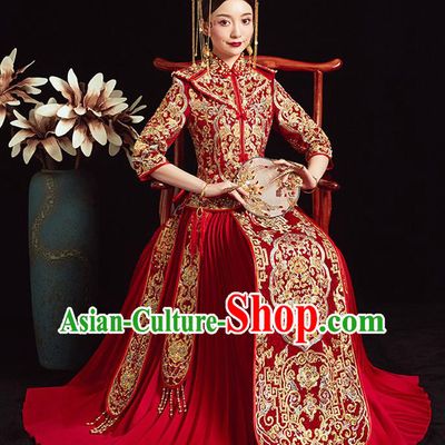 Chinese Ancient Bride Embroidered Peony Red Costumes Diamante Xiu He Suit Wedding Blouse and Dress Traditional Bottom Drawer for Women