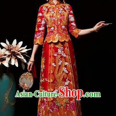 Chinese Ancient Bride Embroidered Phoenix Peony Red Costumes Diamante Xiu He Suit Wedding Blouse and Dress Traditional Bottom Drawer for Women