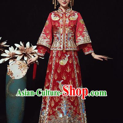 Chinese Ancient Bride Embroidered Carps Red Costumes Xiu He Suit Wedding Blouse and Dress Traditional Bottom Drawer for Women