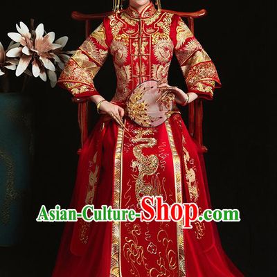 Chinese Ancient Bride Embroidered Dragon Red Xiu He Suit Wedding Costumes Blouse and Dress Traditional Bottom Drawer for Women
