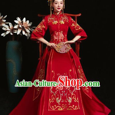Chinese Ancient Bride Embroidered Peony Red Xiu He Suit Wedding Costumes Blouse and Dress Traditional Bottom Drawer for Women