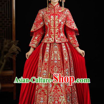 Chinese Ancient Bride Embroidered Diamante Red Xiu He Suit Wedding Costumes Blouse and Dress Traditional Bottom Drawer for Women