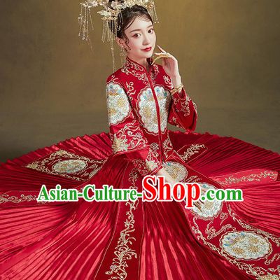 Chinese Traditional Ancient Bride Embroidered Costumes Drilling Mandarin Duck Red Xiu He Suit Wedding Blouse and Dress Bottom Drawer for Women