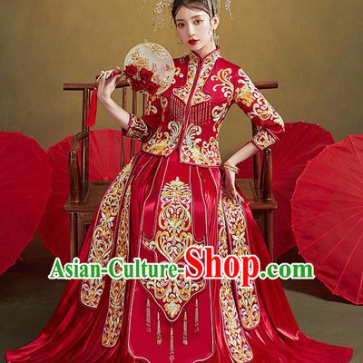 Chinese Ancient Bride Embroidered Costumes Drilling Red Xiu He Suit Wedding Blouse and Dress Traditional Bottom Drawer for Women