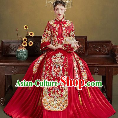 Chinese Ancient Bride Embroidered Drilling Costumes Red Xiu He Suit Wedding Blouse and Dress Traditional Bottom Drawer for Women