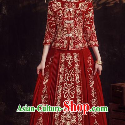 Chinese Ancient Bride Embroidered Diamante Red Xiu He Suit Wedding Costumes Blouse and Dress Traditional Bottom Drawer for Women