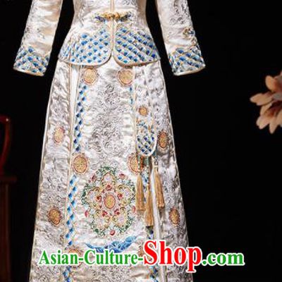 Chinese Ancient Embroidered Drilling White Blouse and Dress Traditional Bride Xiu He Suit Wedding Costumes for Women
