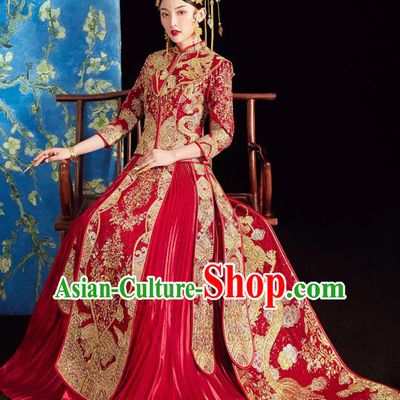 Chinese Ancient Embroidered Drilling Dragon Drilling Blouse and Dress Traditional Bride Xiu He Suit Wedding Costumes for Women