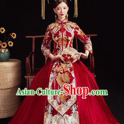 Chinese Ancient Embroidered Phoenix Dragon Drilling Blouse and Dress Traditional Bride Xiu He Suit Wedding Costumes for Women