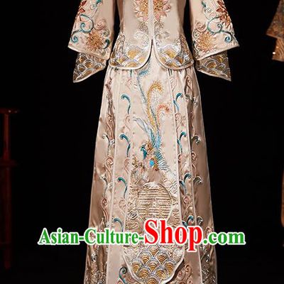 Chinese Ancient Embroidered Champagne Blouse and Dress Traditional Bride Xiu He Suit Wedding Costumes for Women