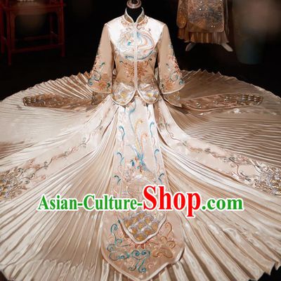 Chinese Ancient Embroidered Phoenix Peony Champagne Blouse and Dress Traditional Bride Xiu He Suit Wedding Costumes for Women