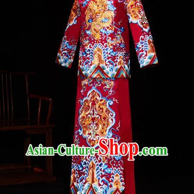 Chinese Ancient Bridegroom Embroidered Wave Dragon Red Mandarin Jacket and Gown Traditional Wedding Tang Suit Costumes for Men