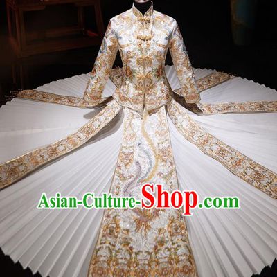 Chinese Ancient Wedding Embroidered Phoenix Champagne Blouse and Dress Traditional Bride Xiu He Suit Costumes for Women