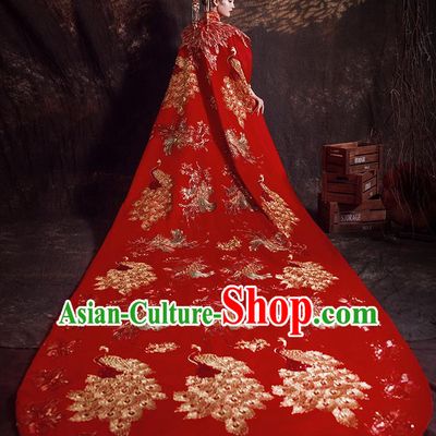 Chinese Ancient Bride Embroidered Peacock Trailing Cape Wedding Costumes Traditional Red Bottom Drawer for Women