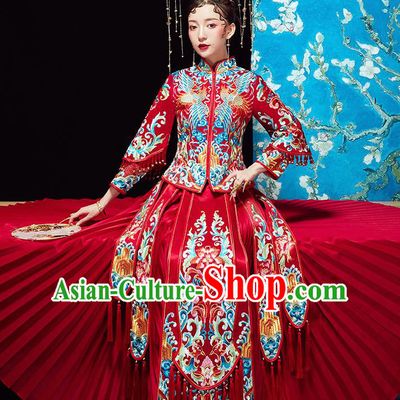 Chinese Ancient Wedding Embroidered Flowers Red Blouse and Dress Traditional Bride Xiu He Suit Costumes for Women