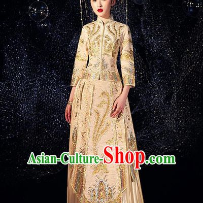 Chinese Ancient Wedding Embroidered Phoenix Golden Blouse and Dress Traditional Bride Xiu He Suit Costumes for Women