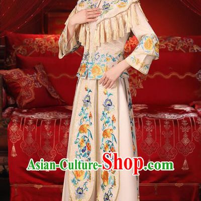 Chinese Ancient Wedding Embroidered Peony Champagne Blouse and Dress Traditional Bride Xiu He Suit Costumes for Women