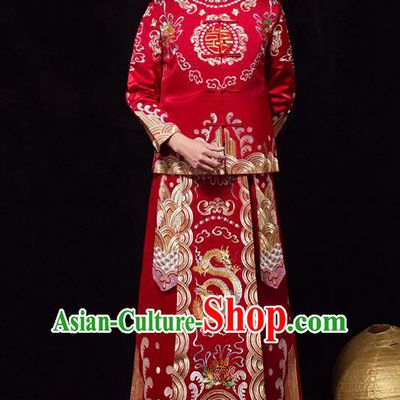 Chinese Ancient Bridegroom Embroidered Dragon Peony Red Mandarin Jacket and Gown Traditional Wedding Tang Suit Costumes for Men