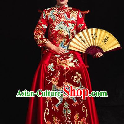 Chinese Ancient Bridegroom Embroidered Dragon Kylin Red Mandarin Jacket and Gown Traditional Wedding Tang Suit Costumes for Men
