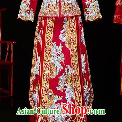 Chinese Ancient Bride Embroidered Diamante Blouse and Dress Xiu He Suit Wedding Costumes Traditional Red Bottom Drawer for Women