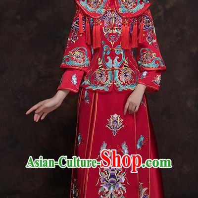Chinese Ancient Wedding Embroidered Lotus Red Blouse and Dress Traditional Bride Xiu He Suit Costumes for Women