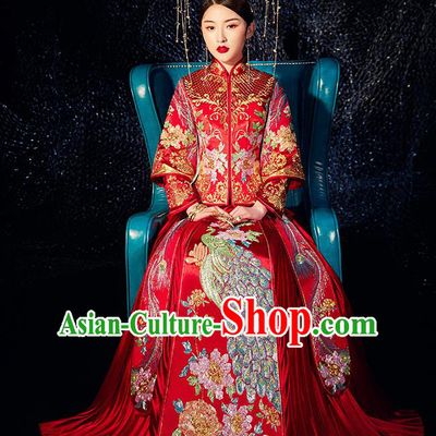 Chinese Ancient Wedding Embroidered Drilling Peacock Peony Red Blouse and Dress Traditional Bride Xiu He Suit Costumes for Women