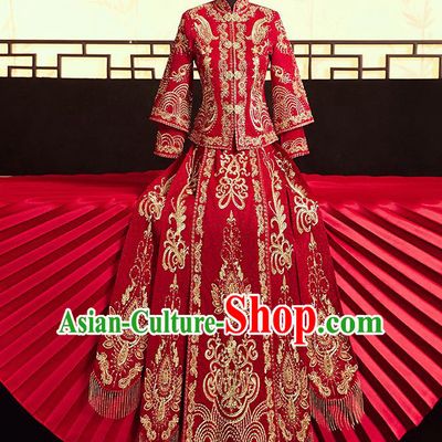 Chinese Ancient Bride Embroidered Blouse and Dress Diamante Xiu He Suit Wedding Costumes Traditional Red Bottom Drawer for Women